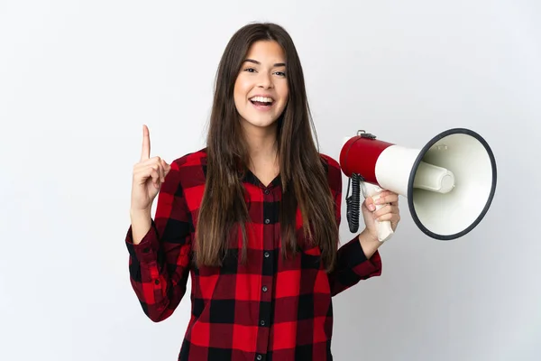 Tiener Braziliaanse Meisje Geïsoleerd Witte Achtergrond Met Een Megafoon Wijzen — Stockfoto