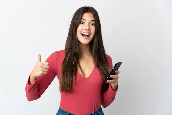 Adolescente Brésilienne Isolée Sur Fond Blanc Utilisant Téléphone Mobile Tout — Photo