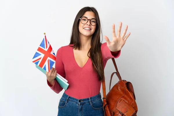 Birleşik Krallık Bayrağını Tutan Brezilyalı Genç Bir Kız Beyaz Arka — Stok fotoğraf