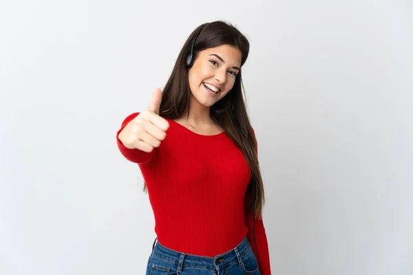 Jeune Fille Télévendeur Brésilienne Sur Fond Isolé Avec Les Pouces — Photo