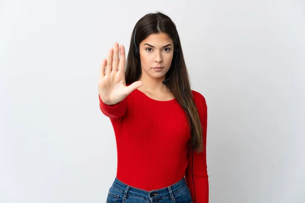 Joven Brasileña Telemarketer Chica Sobre Aislado Fondo Haciendo Stop Gesture — Foto de Stock