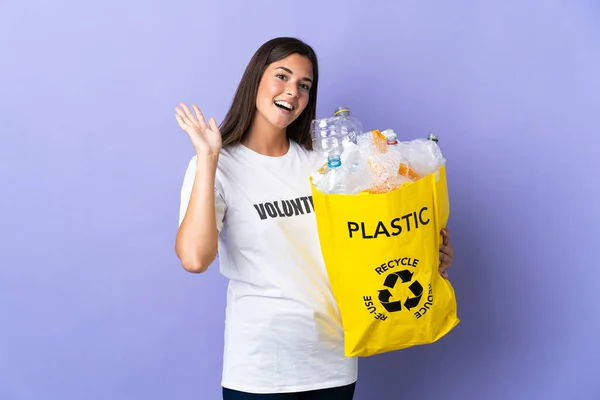 Young Brazilian Woman Holding Bag Full Plastic Bottles Recycle Isolated — Stock Photo, Image