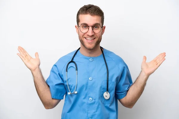 Young Surgeon Doctor Caucasian Man Isolated White Background Shocked Facial — Stock Photo, Image