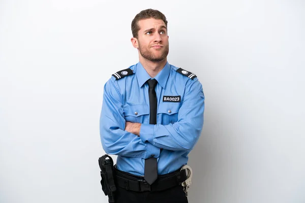 Jonge Politie Blanke Man Geïsoleerd Witte Achtergrond Het Maken Van — Stockfoto