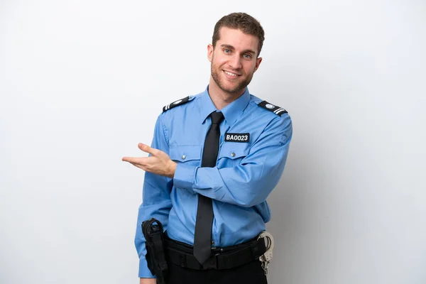 Jonge Politie Blanke Man Geïsoleerd Witte Achtergrond Presenteren Van Een — Stockfoto