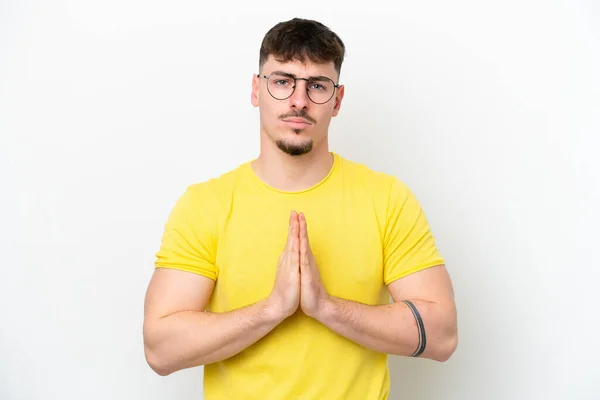 Jonge Blanke Knappe Man Geïsoleerd Witte Achtergrond Houdt Palm Bij — Stockfoto