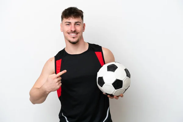Junge Kaukasische Gutaussehende Mann Isoliert Auf Weißem Hintergrund Mit Fußball — Stockfoto