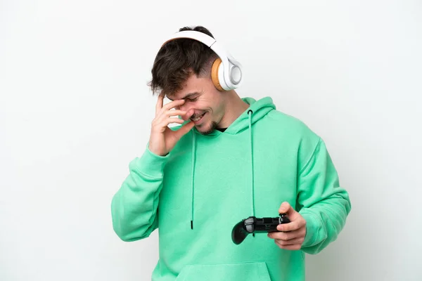 Joven Hombre Guapo Jugando Con Controlador Videojuegos Aislado Sobre Fondo —  Fotos de Stock