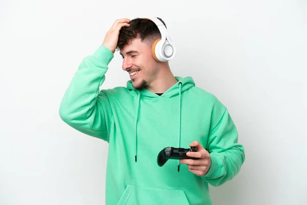 Young Handsome Man Playing Video Game Controller Isolated White Background — Stock Photo, Image