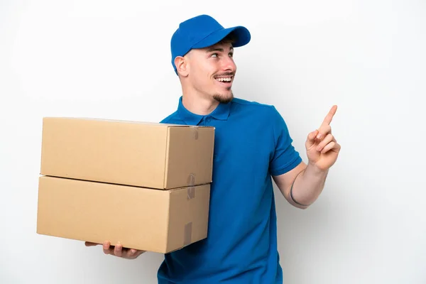 Delivery Caucasian Man Isolated White Background Pointing Great Idea — Stock Photo, Image