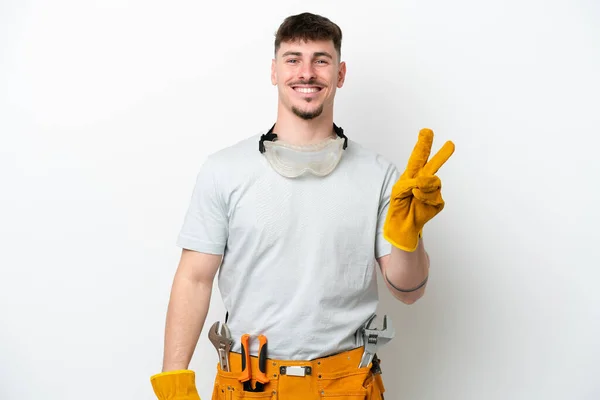 Young Caucasian Electrician Man Isolated White Background Smiling Showing Victory — Stock Photo, Image