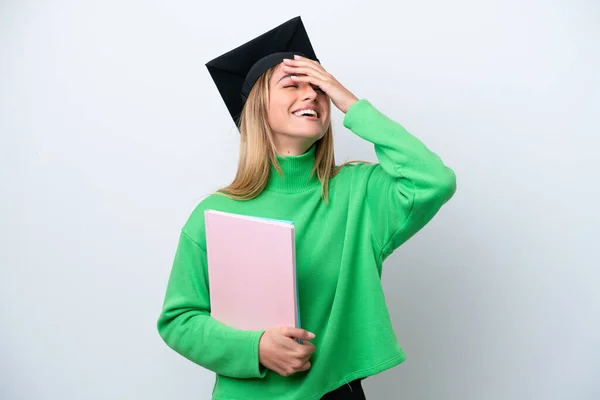 Jovem Universitária Graduada Mulher Isolada Fundo Branco Percebeu Algo Pretendendo — Fotografia de Stock
