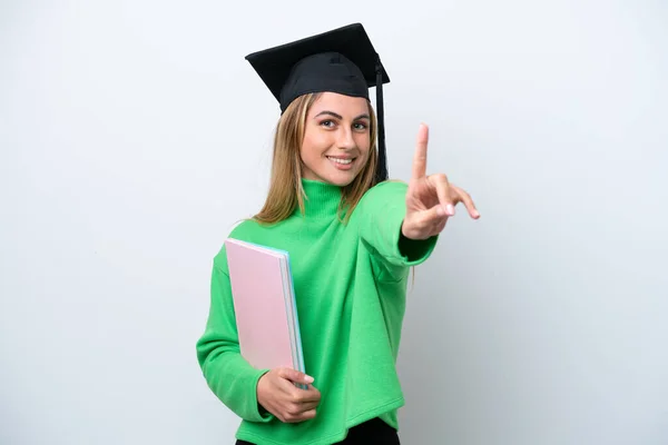 Jovem Universitária Graduada Mulher Isolada Fundo Branco Mostrando Levantando Dedo — Fotografia de Stock