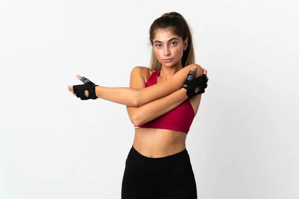 Jonge Blanke Vrouw Geïsoleerd Witte Achtergrond Stretching Arm — Stockfoto