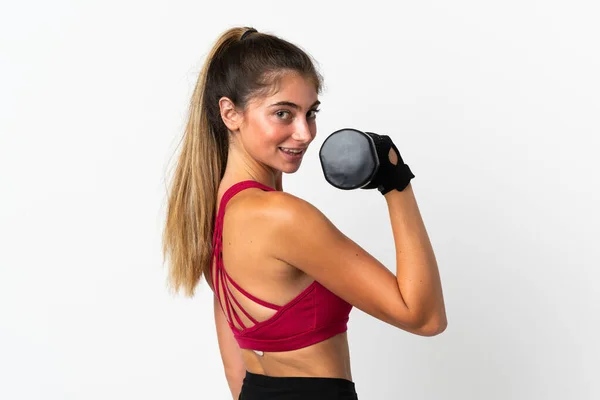 Young Caucasian Woman Isolated White Background Making Weightlifting — Stock Photo, Image