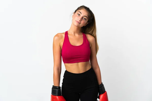 Ung Kaukasiska Kvinna Isolerad Vit Bakgrund Med Boxningshandskar — Stockfoto