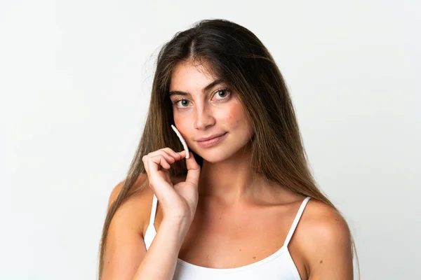 Jeune Femme Caucasienne Isolée Sur Fond Blanc Avec Coton Pour — Photo