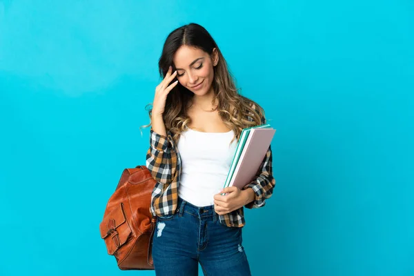 Jovem Estudante Mulher Isolada Fundo Azul Rindo — Fotografia de Stock