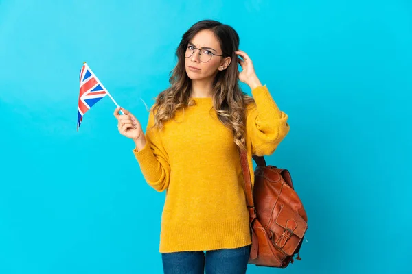 Young Hispanic Woman Holding United Kingdom Flag Isolated Blue Background — Stock Photo, Image