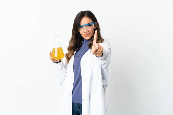 Junge Wissenschaftliche Frau Isoliert Auf Weißem Hintergrund Zeigt Und Hebt — Stockfoto