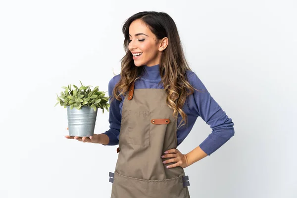 Gardener Girl Holding Plant Isolated White Background Posing Arms Hip — Stock Photo, Image