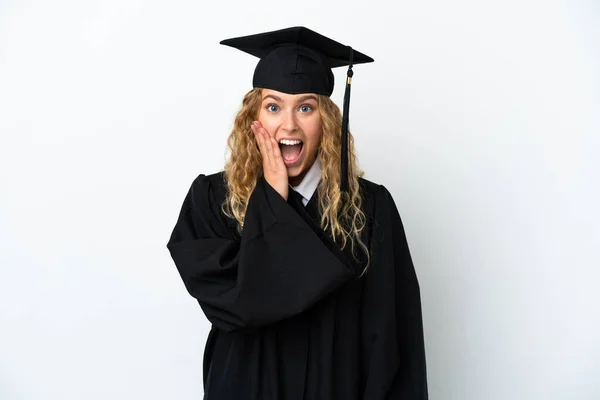 Graduação Universitária Jovem Isolado Fundo Branco Com Surpresa Expressão Facial — Fotografia de Stock