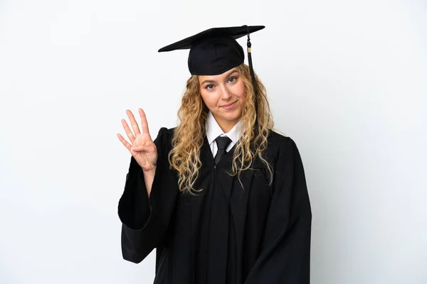 Beyaz Arka Planda Izole Edilmiş Genç Üniversite Mezunu Mutlu Parmaklarıyla — Stok fotoğraf