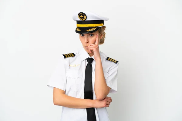 Airplane Blonde Woman Pilot Isolated White Background Thinking Idea — Stock Photo, Image