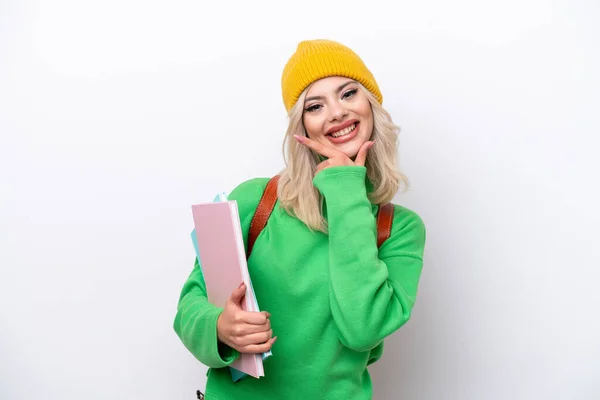 Jovem Estudante Russo Mulher Isolada Fundo Branco Feliz Sorridente — Fotografia de Stock