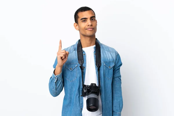 Young African American Photographer Man Isolated White Background Pointing Index — 图库照片