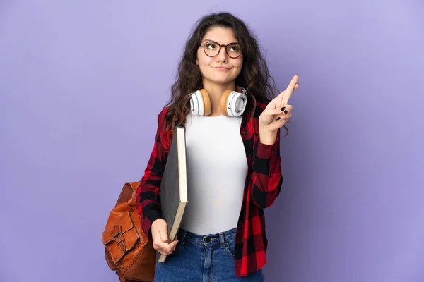 Estudante Adolescente Isolado Fundo Roxo Com Dedos Cruzando Desejando Melhor — Fotografia de Stock