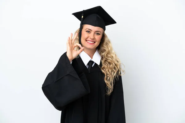 Jovem Universitária Graduada Mulher Isolada Fundo Branco Mostrando Sinal Com — Fotografia de Stock