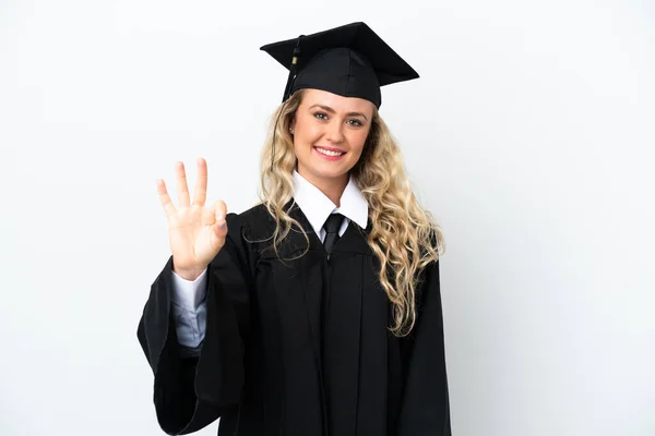 Giovane Laureata Donna Isolata Sfondo Bianco Felice Contando Tre Con — Foto Stock