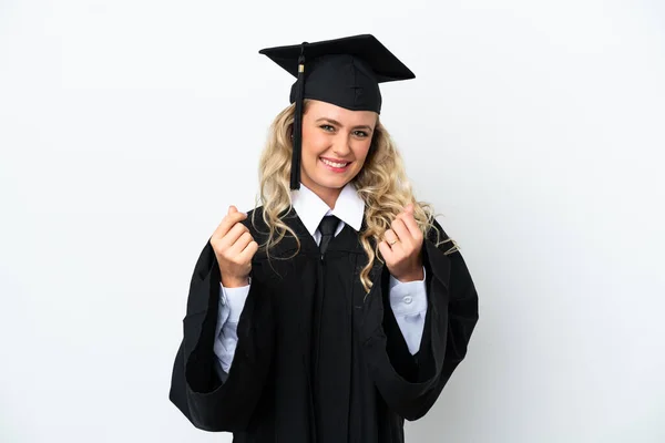 Jovem Universitária Graduada Mulher Isolada Fundo Branco Fazendo Gesto Dinheiro — Fotografia de Stock