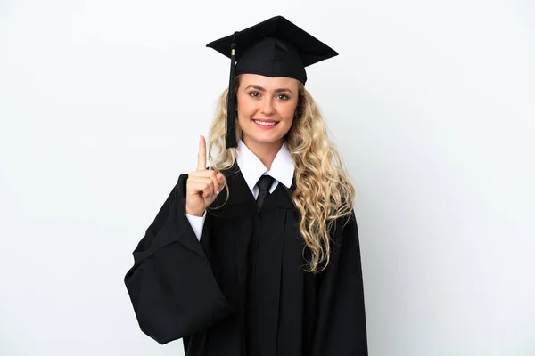 Νεαρή Απόφοιτος Πανεπιστημίου Γυναίκα Απομονωμένη Λευκό Φόντο Δείχνει Και Άρει — Φωτογραφία Αρχείου