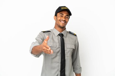 Afrika kökenli Amerikalı güvenlik önlemi beyaz arka plan üzerinden iyi bir anlaşma için el sıkışıyor