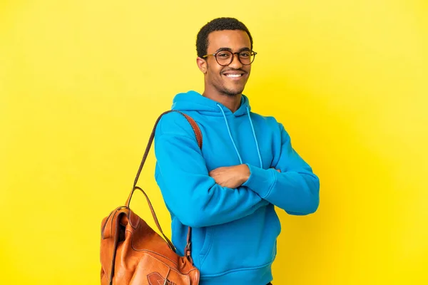 African American Student Man Isolated Yellow Background Arms Crossed Looking — Stock Photo, Image
