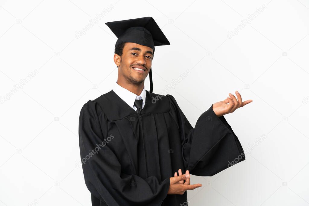 African American university graduate man over isolated white background extending hands to the side for inviting to come