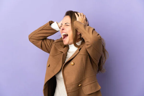 Middle Age Brazilian Woman Isolated Purple Background Stressed Overwhelmed — Stock Photo, Image