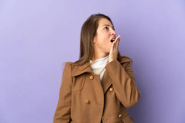 Middle Age Brazilian Woman Isolated Purple Background Yawning Covering Wide — Stock Photo, Image