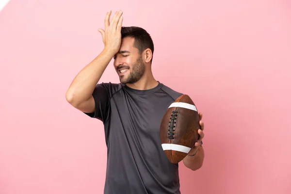 Young Caucasian Man Playing Rugby Isolated Pink Background Has Realized — Stock Photo, Image