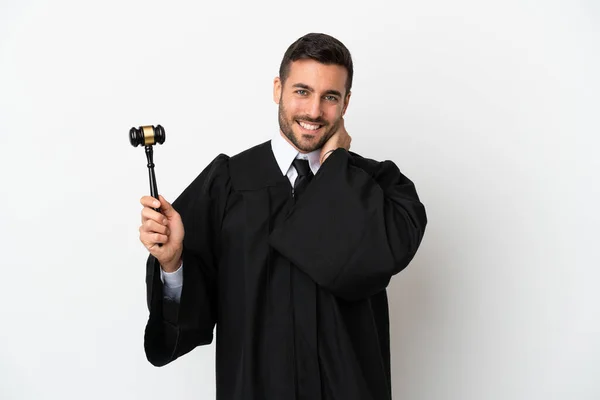 Rechter Kaukasische Man Geïsoleerd Witte Achtergrond Lachen — Stockfoto