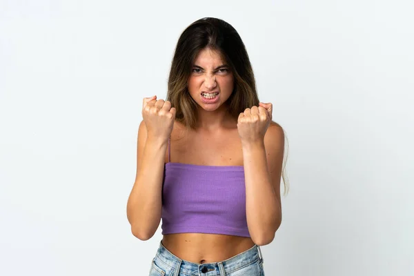 Jonge Kaukasische Vrouw Geïsoleerd Witte Achtergrond Gefrustreerd Door Een Slechte — Stockfoto