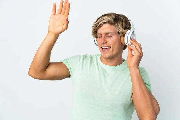 Engelse Man Geïsoleerde Witte Achtergrond Luisteren Muziek Dansen — Stockfoto