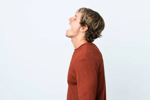 Hombre Inglés Sobre Fondo Blanco Aislado Riendo Posición Lateral — Foto de Stock