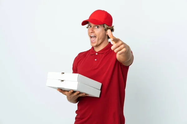 Pizza Doručovatel Přes Izolované Bílé Pozadí Palci Nahoru Protože Stalo — Stock fotografie