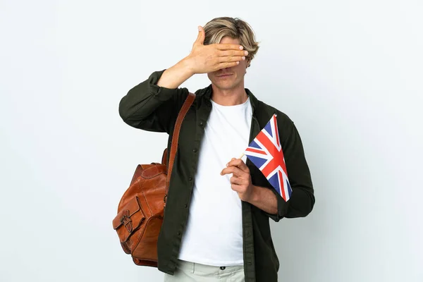 Young English Woman Holding United Kingdom Flag Covering Eyes Hands — Stock Photo, Image