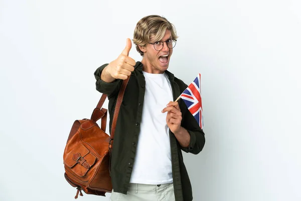 Mladá Angličanka Držící Vlajku Spojeného Království Palci Nahoru Protože Stalo — Stock fotografie