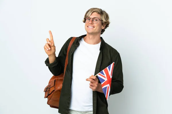 Jovem Inglesa Segurando Uma Bandeira Reino Unido Mostrando Levantando Dedo — Fotografia de Stock