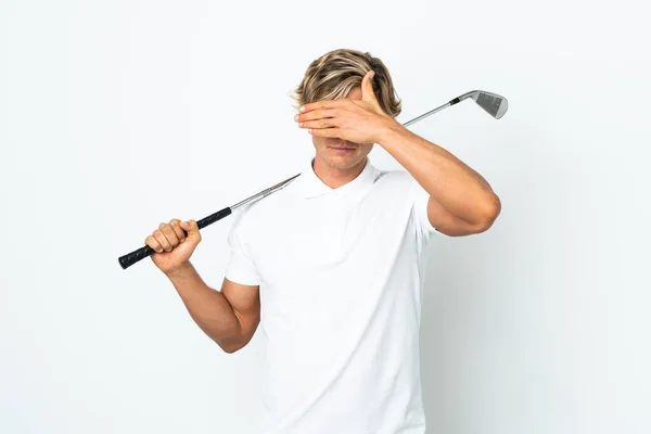 Uomo Inglese Che Gioca Golf Coprendo Gli Occhi Con Mani — Foto Stock